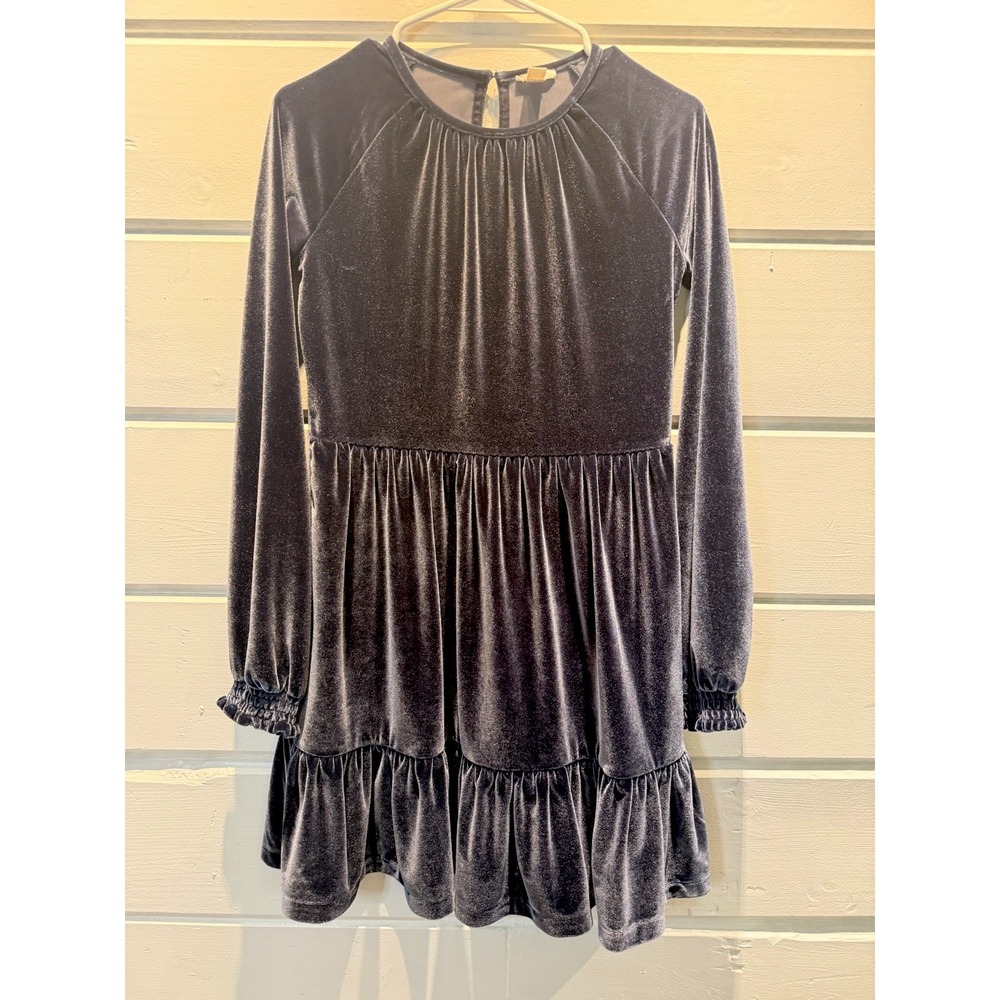 Crewcuts Velvet Tiered Party Dress Kids Size L Long Sleeve Ruffle Slate Blue